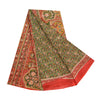 Sanskriti Vintage Sarees Green/Red Pure Silk Printed Sari Floral Craft Fabric