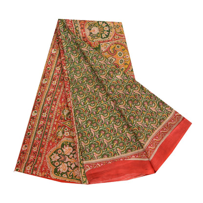 Sanskriti Vintage Sarees Green/Red Pure Silk Printed Sari Floral Craft Fabric