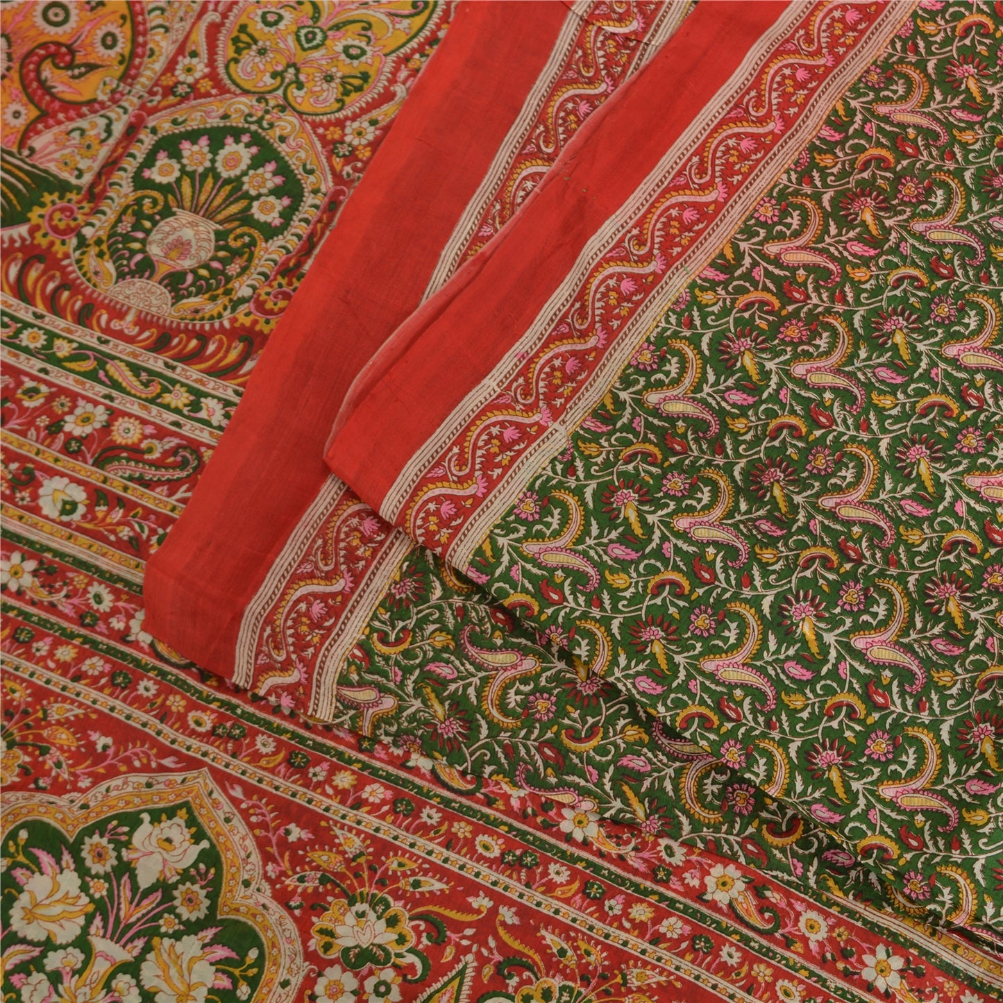 Sanskriti Vintage Sarees Green/Red Pure Silk Printed Sari Floral Craft Fabric