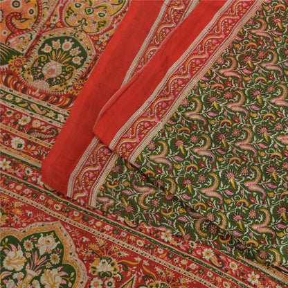 Sanskriti Vintage Sarees Green/Red Pure Silk Printed Sari Floral Craft Fabric