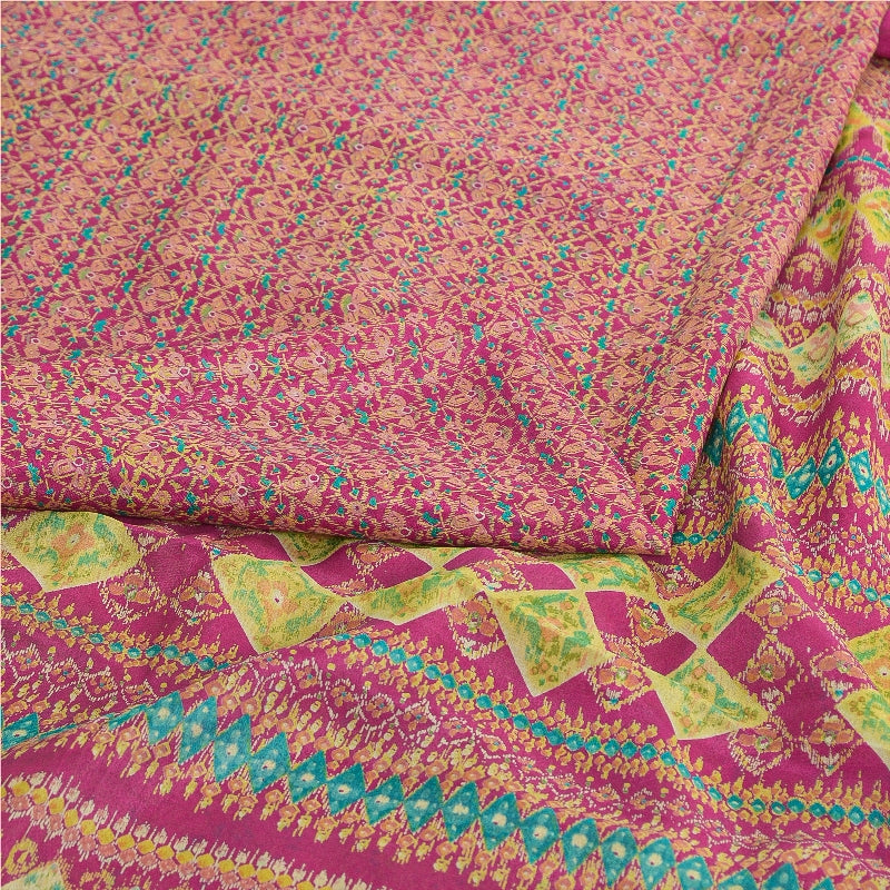 Sanskriti Vintage Sarees From India Pink Pure Silk Printed Sari 5yd Craft Sustainable Fabric