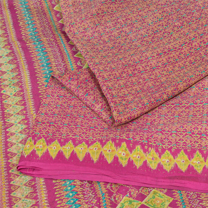 Sanskriti Vintage Sarees From India Pink Pure Silk Printed Sari 5yd Craft Sustainable Fabric
