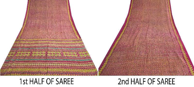 Sanskriti Vintage Sarees From India Pink Pure Silk Printed Sari 5yd Craft Sustainable Fabric