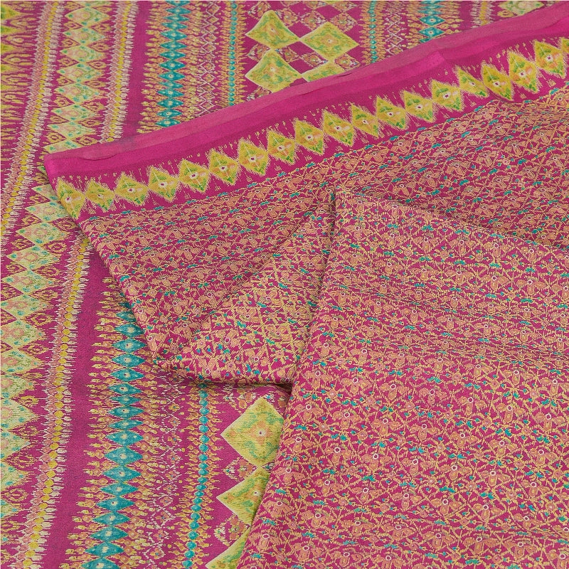 Sanskriti Vintage Sarees From India Pink Pure Silk Printed Sari 5yd Craft Sustainable Fabric