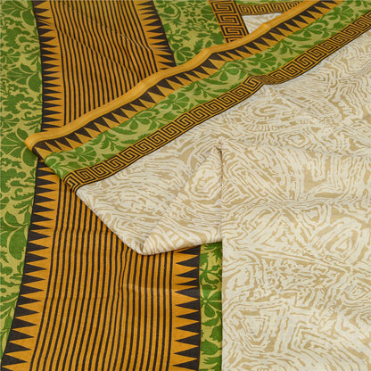 Sanskriti Vintage Sarees Ivory From India Printed Pure Silk Sari Craft Sustainable Fabric