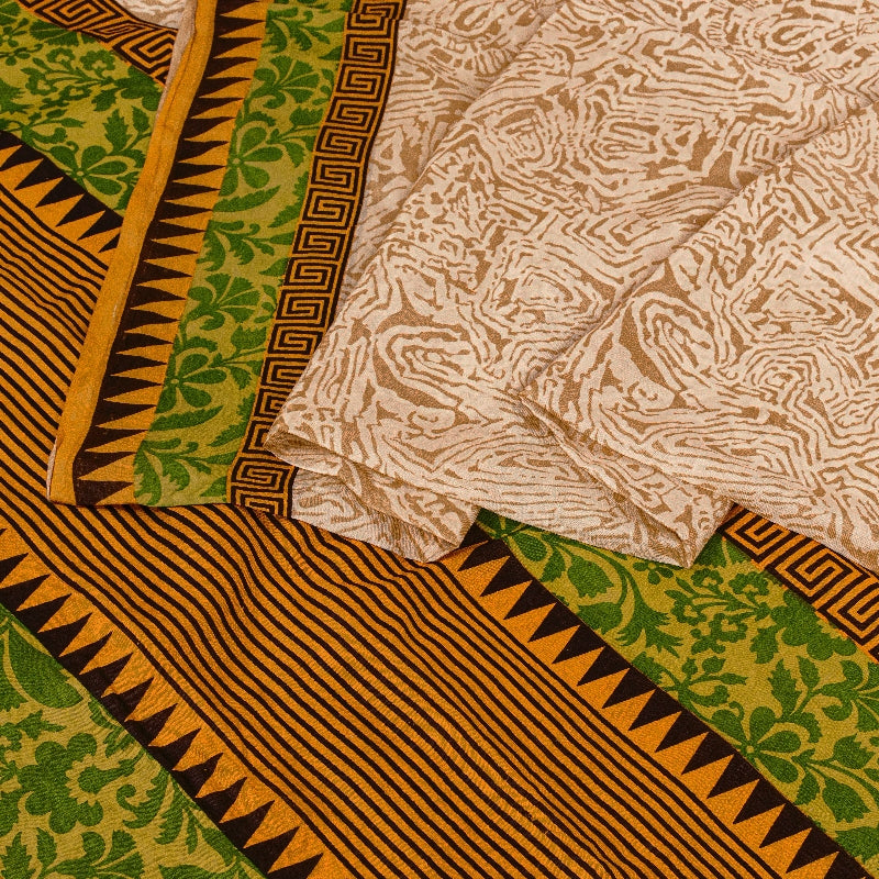 Sanskriti Vintage Sarees Ivory From India Printed Pure Silk Sari Craft Sustainable Fabric