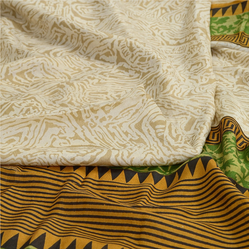 Sanskriti Vintage Sarees Ivory From India Printed Pure Silk Sari Craft Sustainable Fabric
