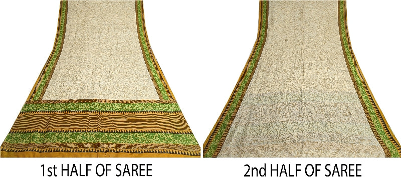 Sanskriti Vintage Sarees Ivory From India Printed Pure Silk Sari Craft Sustainable Fabric