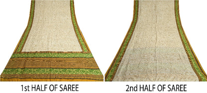 Sanskriti Vintage Sarees Ivory From India Printed Pure Silk Sari Craft Sustainable Fabric