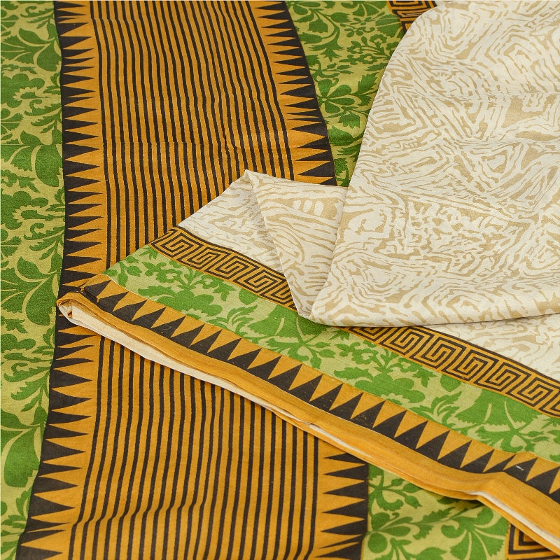 Sanskriti Vintage Sarees Ivory From India Printed Pure Silk Sari Craft Sustainable Fabric