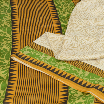 Sanskriti Vintage Sarees Ivory From India Printed Pure Silk Sari Craft Sustainable Fabric