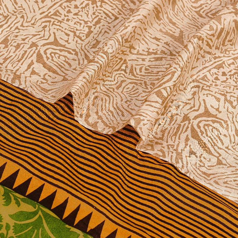 Sanskriti Vintage Sarees Ivory From India Printed Pure Silk Sari Craft Sustainable Fabric