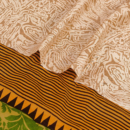 Sanskriti Vintage Sarees Ivory From India Printed Pure Silk Sari Craft Sustainable Fabric