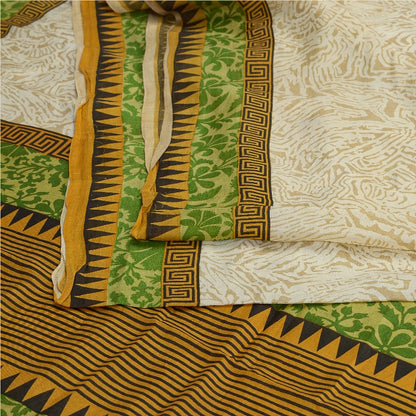 Sanskriti Vintage Sarees Ivory From India Printed Pure Silk Sari Craft Sustainable Fabric
