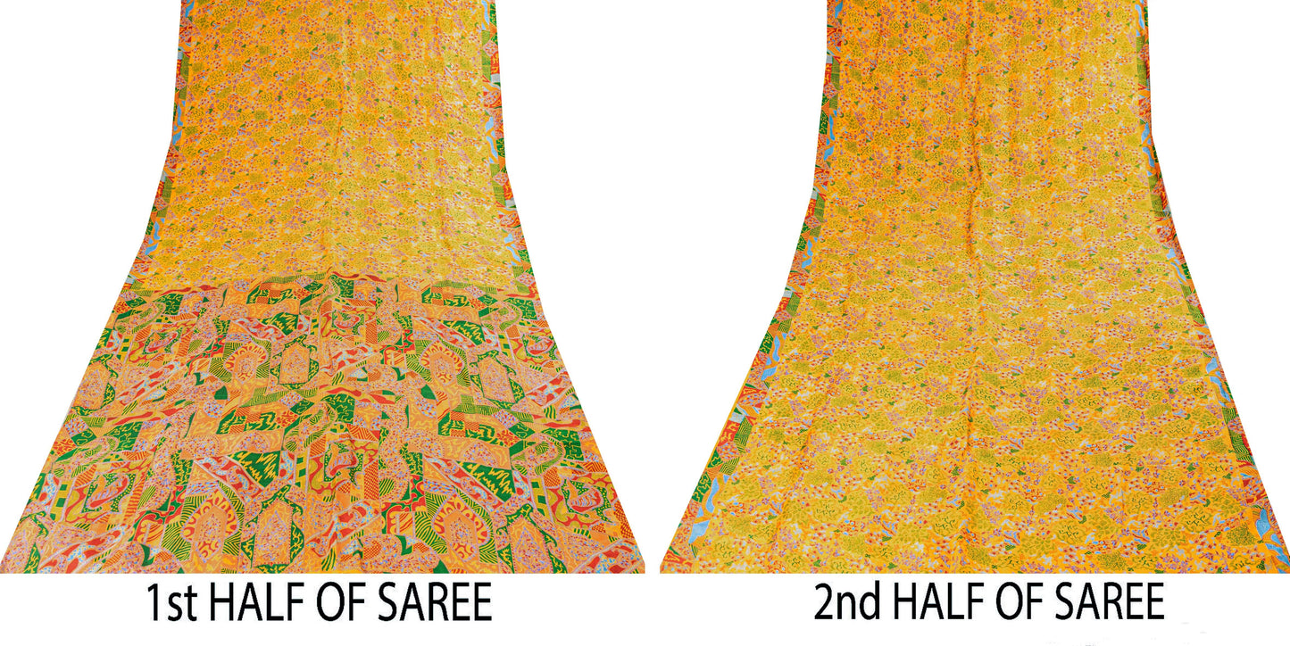Sanskriti Vintage Sarees Yellow Indian 100% Pure Silk Printed Sari Craft Sustainable Fabric