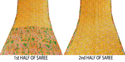 Sanskriti Vintage Sarees Yellow Indian 100% Pure Silk Printed Sari Craft Sustainable Fabric