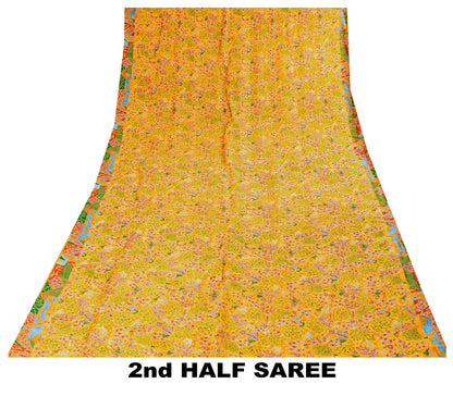 Sanskriti Vintage Sarees Yellow Indian 100% Pure Silk Printed Sari Craft Sustainable Fabric
