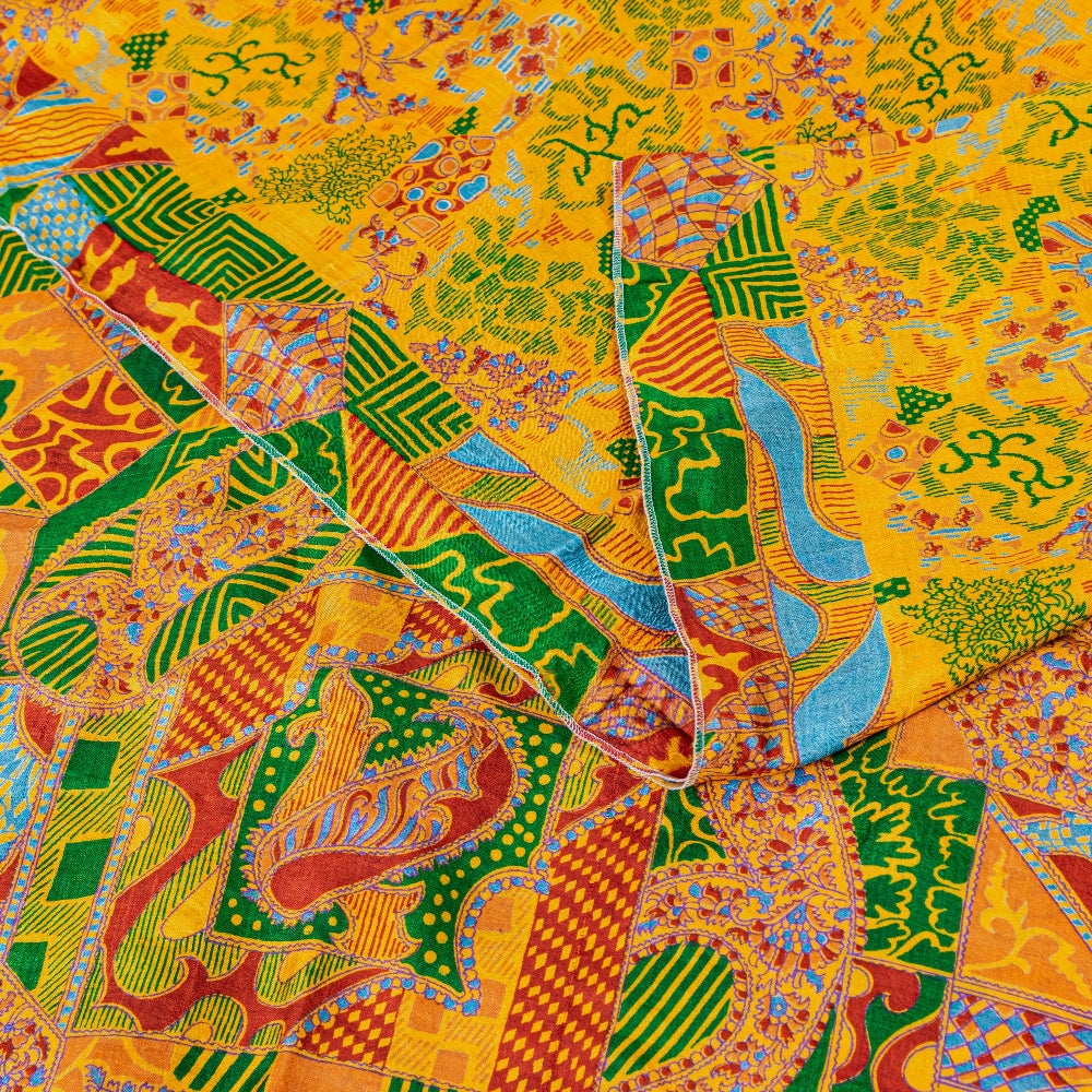 Sanskriti Vintage Sarees Yellow Indian 100% Pure Silk Printed Sari Craft Sustainable Fabric