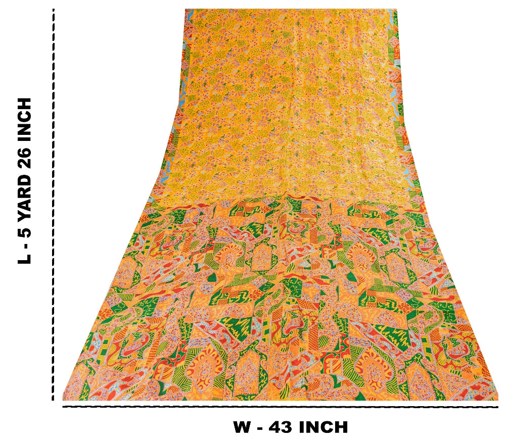 Sanskriti Vintage Sarees Yellow Indian 100% Pure Silk Printed Sari Craft Sustainable Fabric