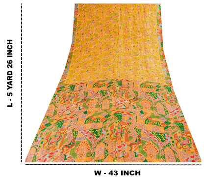 Sanskriti Vintage Sarees Yellow Indian 100% Pure Silk Printed Sari Craft Sustainable Fabric
