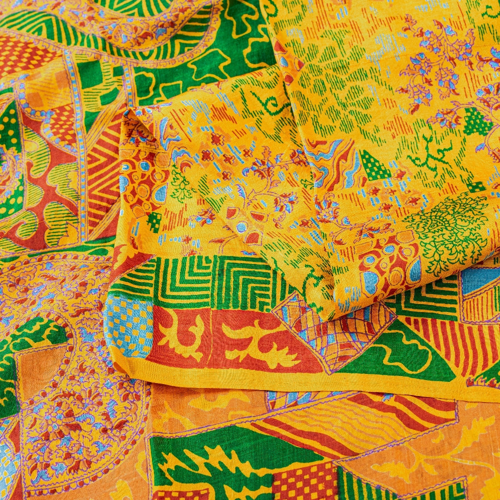 Sanskriti Vintage Sarees Yellow Indian 100% Pure Silk Printed Sari Craft Sustainable Fabric