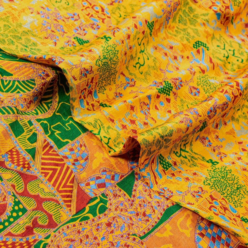 Sanskriti Vintage Sarees Yellow Indian 100% Pure Silk Printed Sari Craft Sustainable Fabric