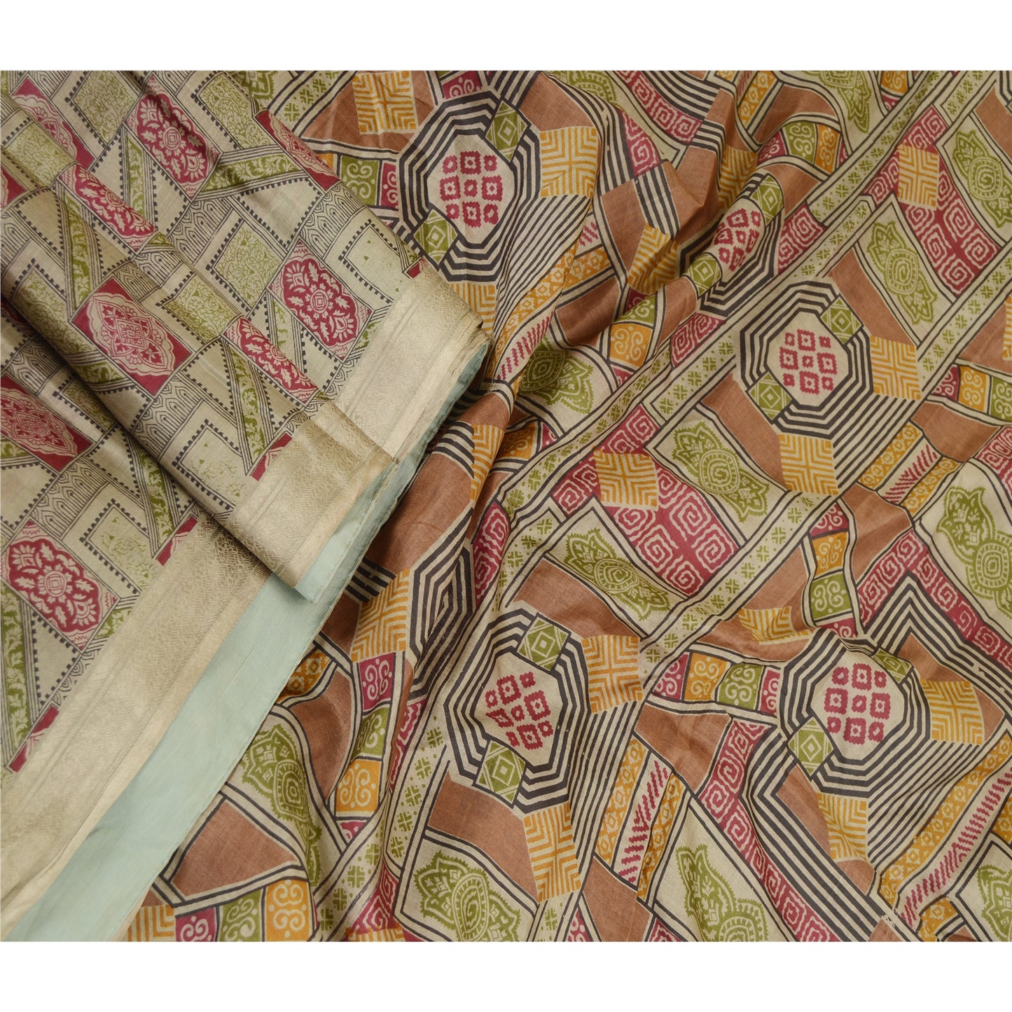 Sanskriti Vintage Sarees Green Pure Silk Printed Sari Floral 6YD Craft Fabric