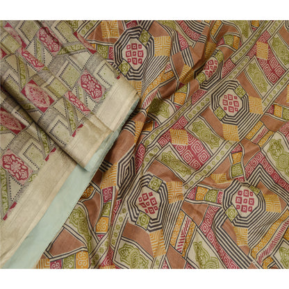 Sanskriti Vintage Sarees Green Pure Silk Printed Sari Floral 6YD Craft Fabric