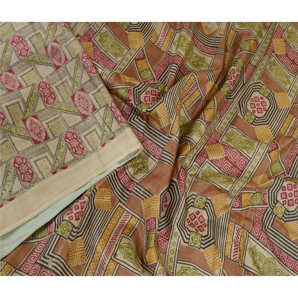 Sanskriti Vintage Sarees Green Pure Silk Printed Sari Floral 6YD Craft Fabric