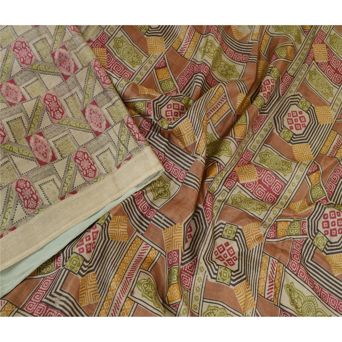 Sanskriti Vintage Sarees Green Pure Silk Printed Sari Floral 6YD Craft Fabric