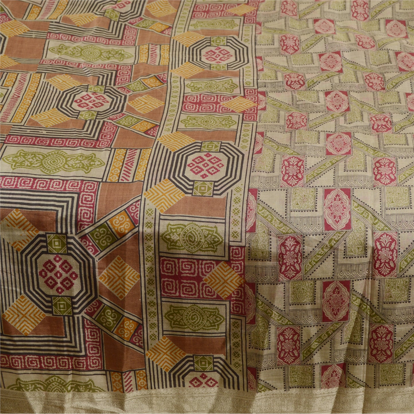 Sanskriti Vintage Sarees Green Pure Silk Printed Sari Floral 6YD Craft Fabric