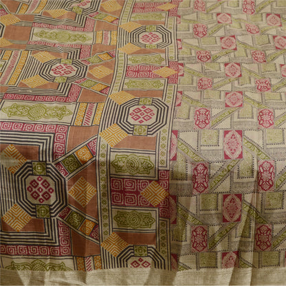 Sanskriti Vintage Sarees Green Pure Silk Printed Sari Floral 6YD Craft Fabric