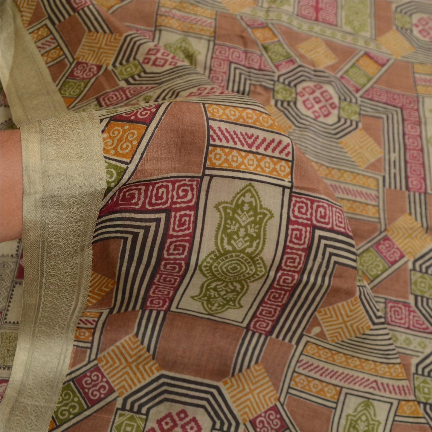 Sanskriti Vintage Sarees Green Pure Silk Printed Sari Floral 6YD Craft Fabric