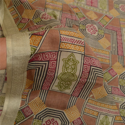Sanskriti Vintage Sarees Green Pure Silk Printed Sari Floral 6YD Craft Fabric