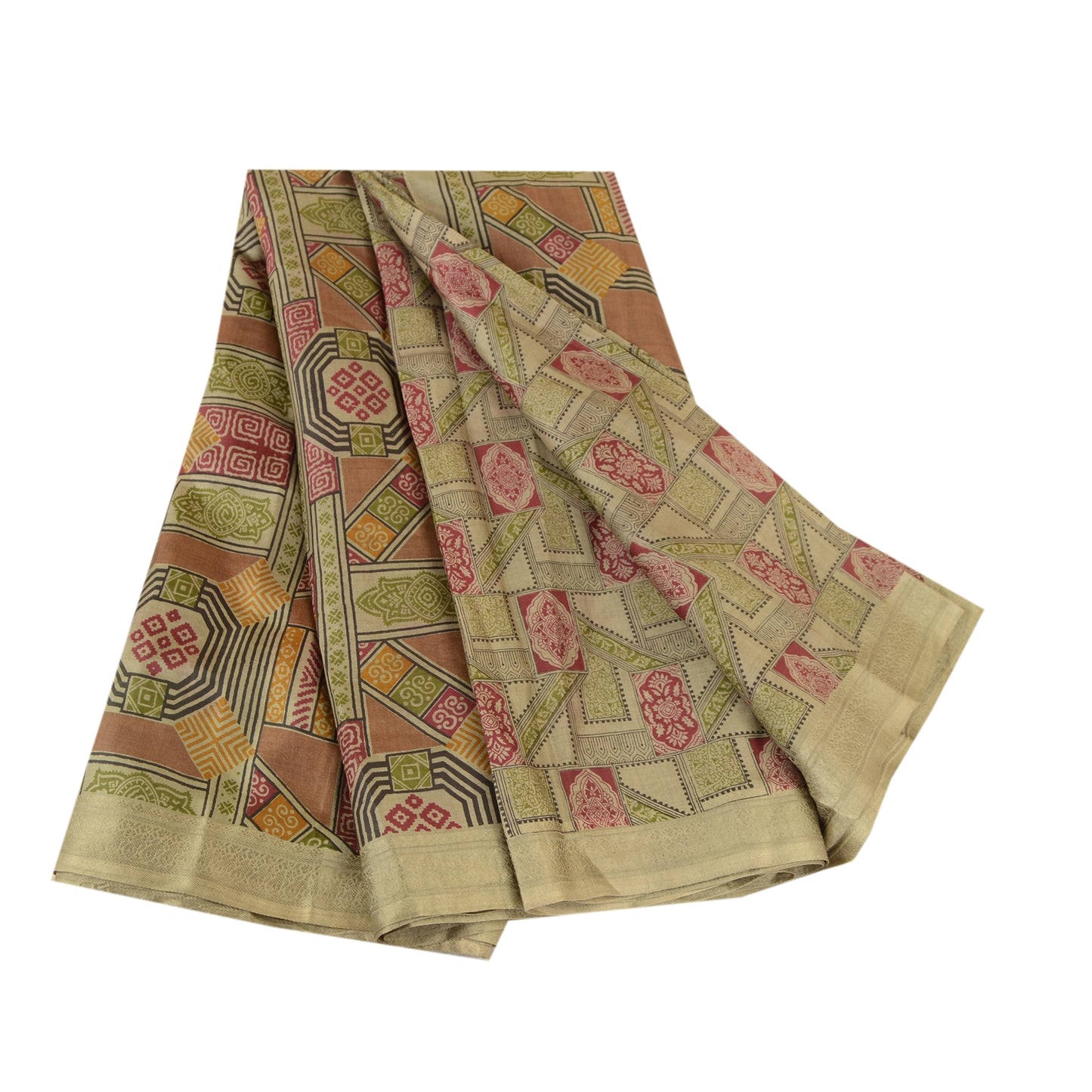 Sanskriti Vintage Sarees Green Pure Silk Printed Sari Floral 6YD Craft Fabric