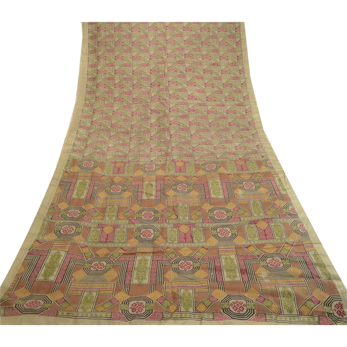 Sanskriti Vintage Sarees Green Pure Silk Printed Sari Floral 6YD Craft Fabric