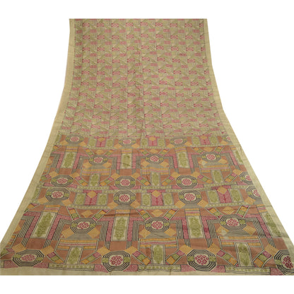 Sanskriti Vintage Sarees Green Pure Silk Printed Sari Floral 6YD Craft Fabric