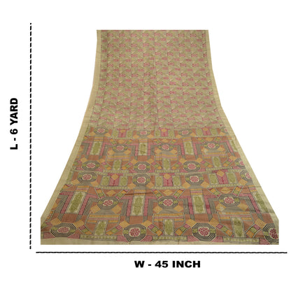 Sanskriti Vintage Sarees Green Pure Silk Printed Sari Floral 6YD Craft Fabric
