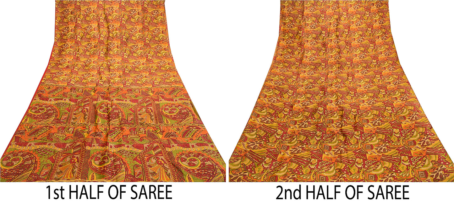 Sanskriti Vintage Sarees Red Indian 100% Pure Silk Printed Sari 5yd Craft Sustainable Fabric