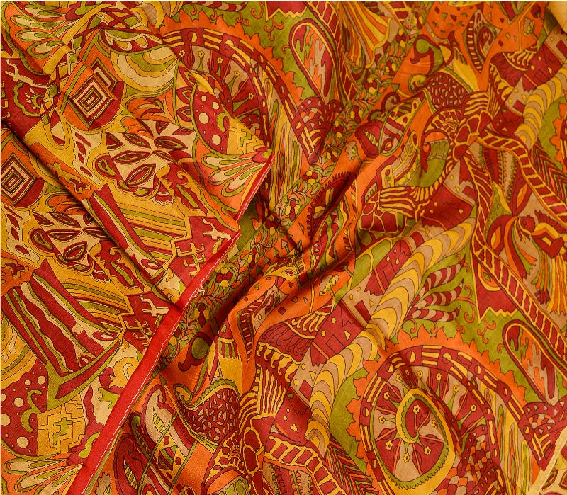Sanskriti Vintage Sarees Red Indian 100% Pure Silk Printed Sari 5yd Craft Sustainable Fabric