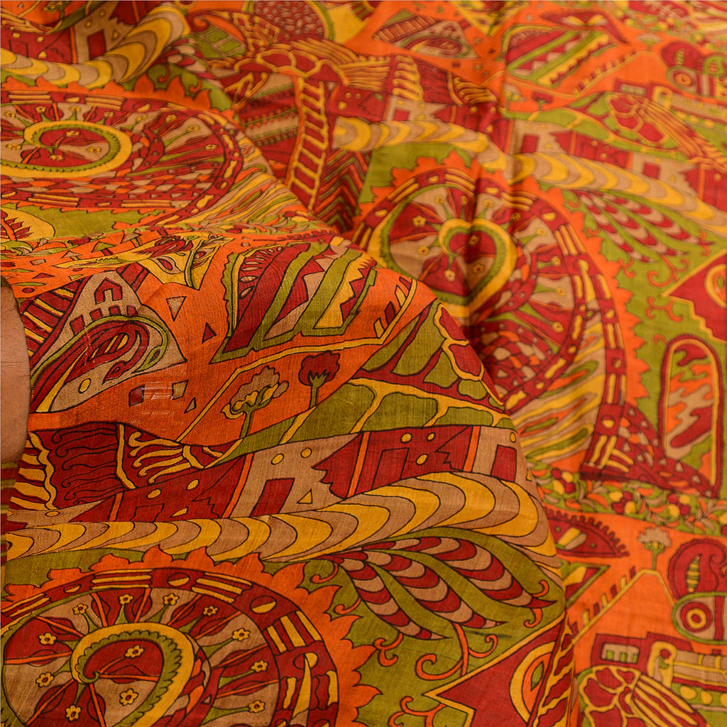 Sanskriti Vintage Sarees Red Indian 100% Pure Silk Printed Sari 5yd Craft Sustainable Fabric