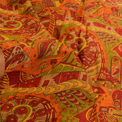 Sanskriti Vintage Sarees Red Indian 100% Pure Silk Printed Sari 5yd Craft Sustainable Fabric