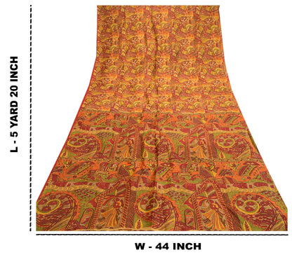 Sanskriti Vintage Sarees Red Indian 100% Pure Silk Printed Sari 5yd Craft Sustainable Fabric