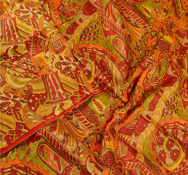 Sanskriti Vintage Sarees Red Indian 100% Pure Silk Printed Sari 5yd Craft Sustainable Fabric