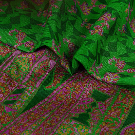 Sanskriti Vintage Sarees Grøn Ren Silke Trykt Zari Kant Sari Håndværk Bæredygtigt Stoff