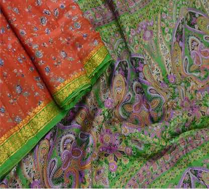 Sanskriti Vintage Sarees Reddish Orange Pure Silk Print Zari Border 5+YD Sari