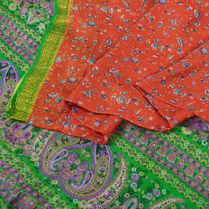 Sanskriti Vintage Sarees Reddish Orange Pure Silk Print Zari Border 5+YD Sari