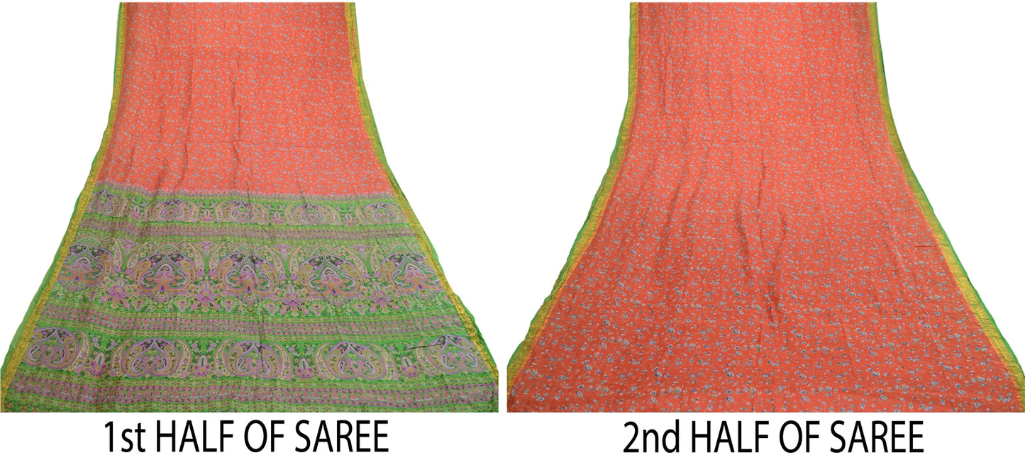Sanskriti Vintage Sarees Reddish Orange Pure Silk Print Zari Border 5+YD Sari