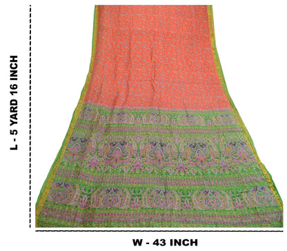 Sanskriti Vintage Sarees Reddish Orange Pure Silk Print Zari Border 5+YD Sari