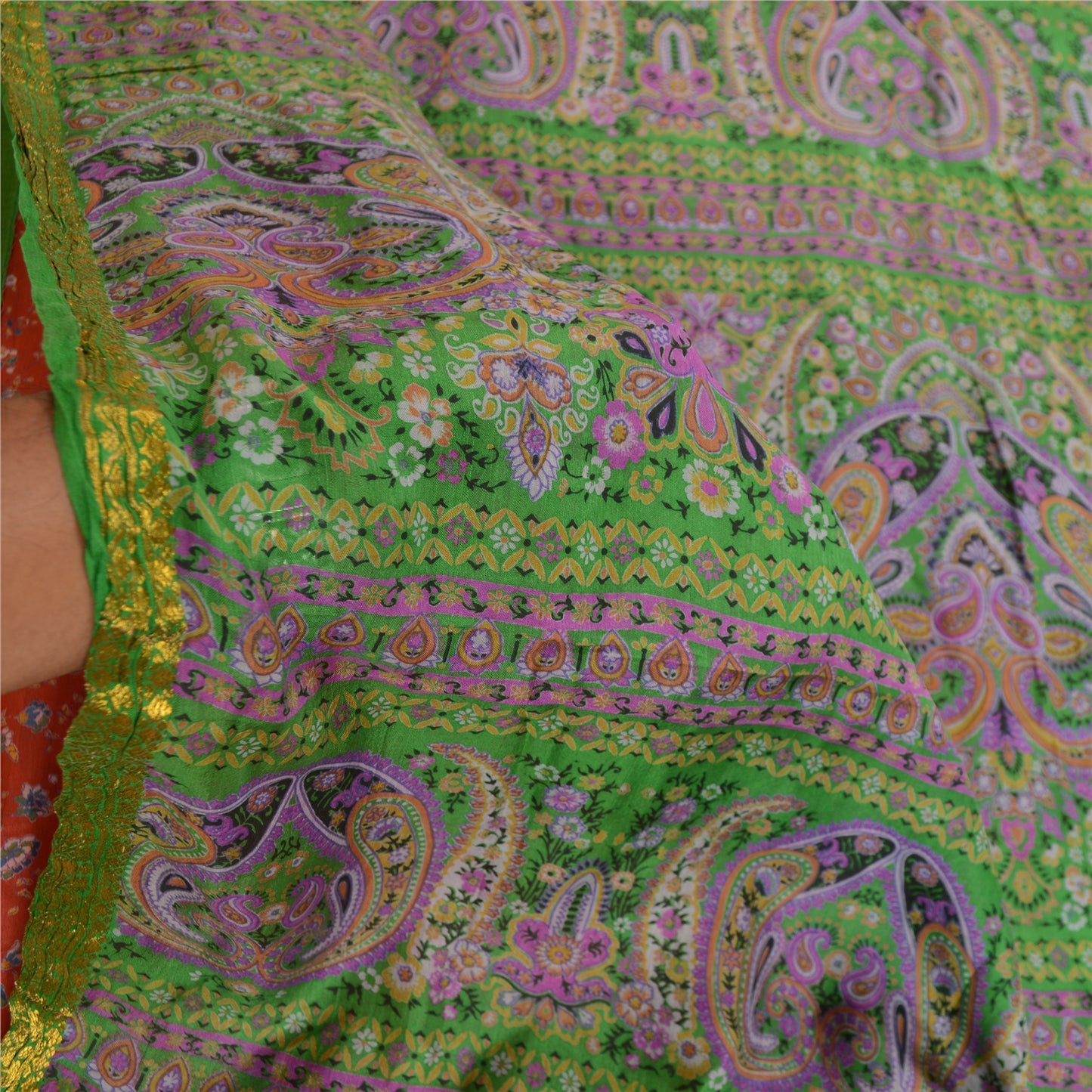 Sanskriti Vintage Sarees Reddish Orange Pure Silk Print Zari Border 5+YD Sari